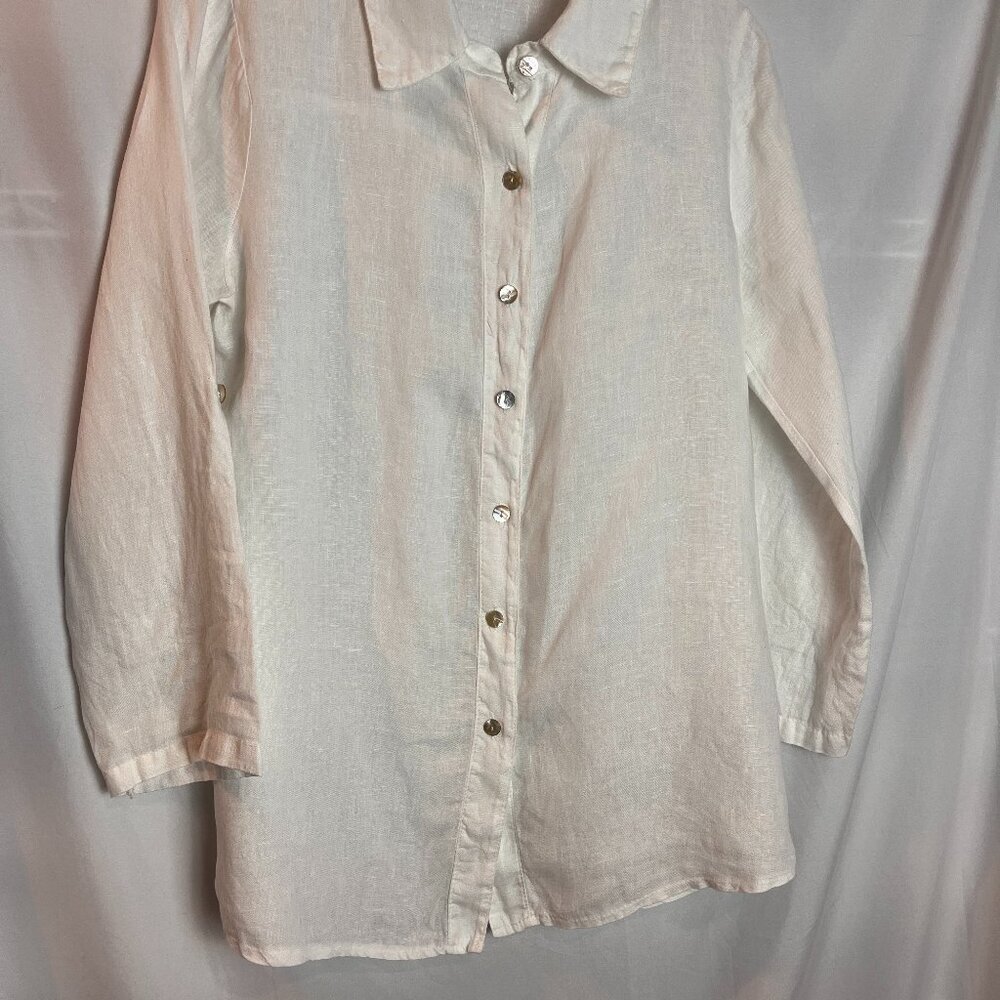 Women's White 100% linen long roll tab sleeve Button front Size M